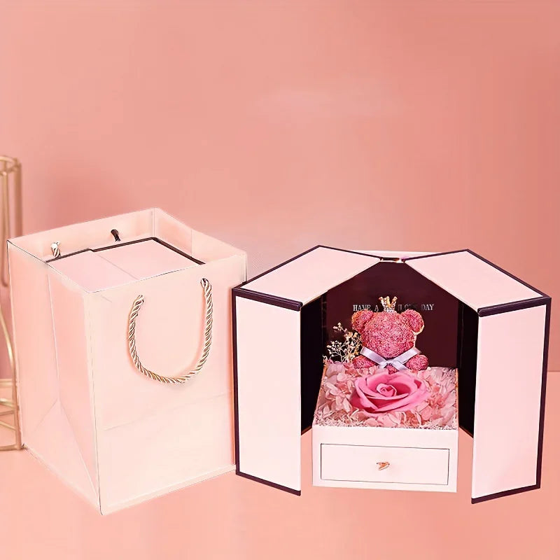 Celebrate Mom with our "Mama" Titanium Steel Necklace in a luxurious Pink Rose Bear Gift Box. A loving gift for Mother's Day 2024.