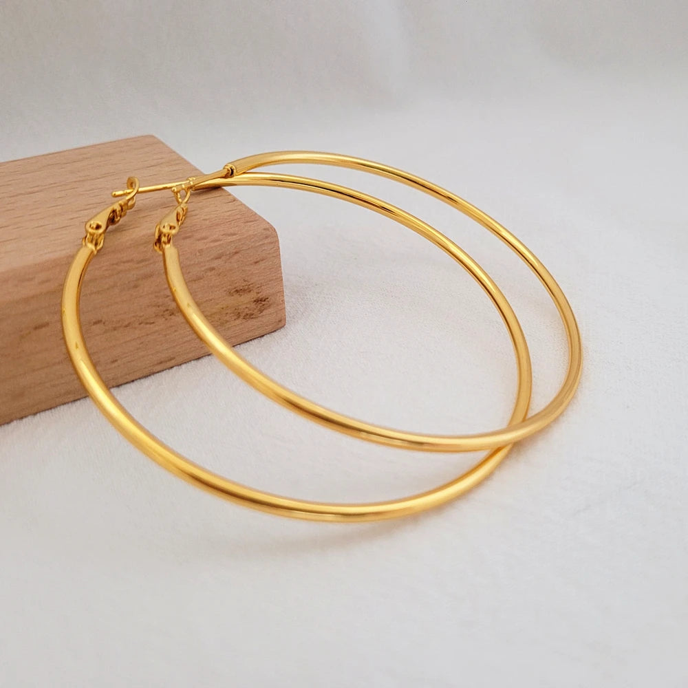 Gold Hoop Earrings 24K Yellow Gold Plated Round Big Circle Piercing Earring Set For Women 30/40/50/60mm Smooth Ear Cuff Jewelry