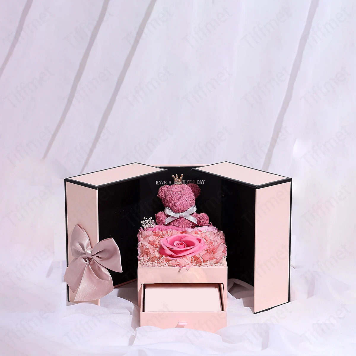 Celebrate Mom with our "Mama" Titanium Steel Necklace in a luxurious Pink Rose Bear Gift Box. A loving gift for Mother's Day 2024.