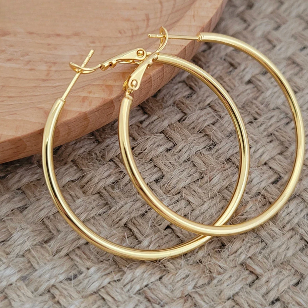 Gold Hoop Earrings 24K Yellow Gold Plated Round Big Circle Piercing Earring Set For Women 30/40/50/60mm Smooth Ear Cuff Jewelry