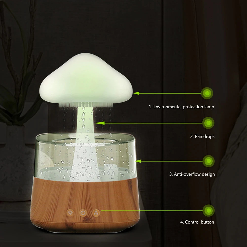 Mushroom Air Humidifier Home Bedroom Aromatherapy Lamp Calming Water Drops Sounds Diffuser Humidifier Rain Cloud Night Light