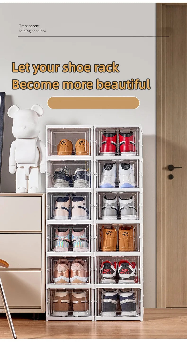 6 Layers Shoes Box Foldable Transparent Sneaker Shoe Storage Organizers Box Stackable Dustproof High-top Cabinet Shoe Rack Shelf