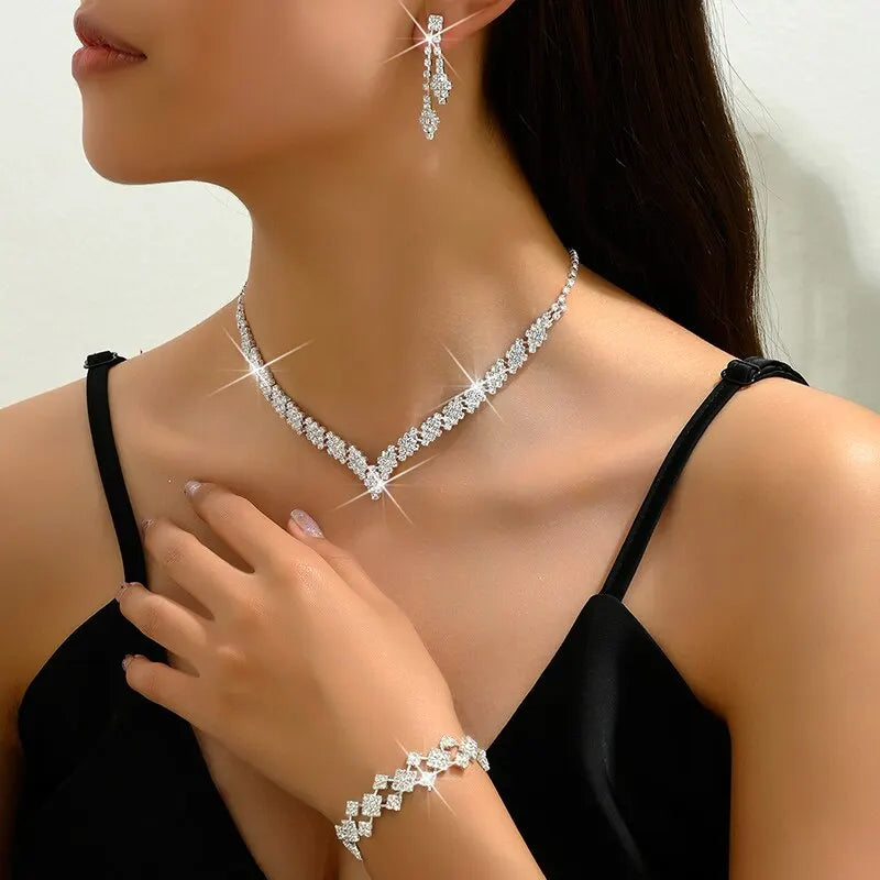 3 Pcs Bridal Jewelry Set Silver Plated Rhinestone Fold Clutch Bracelet Tassel Earrings Wedding Jewelry Gift Trendy Style