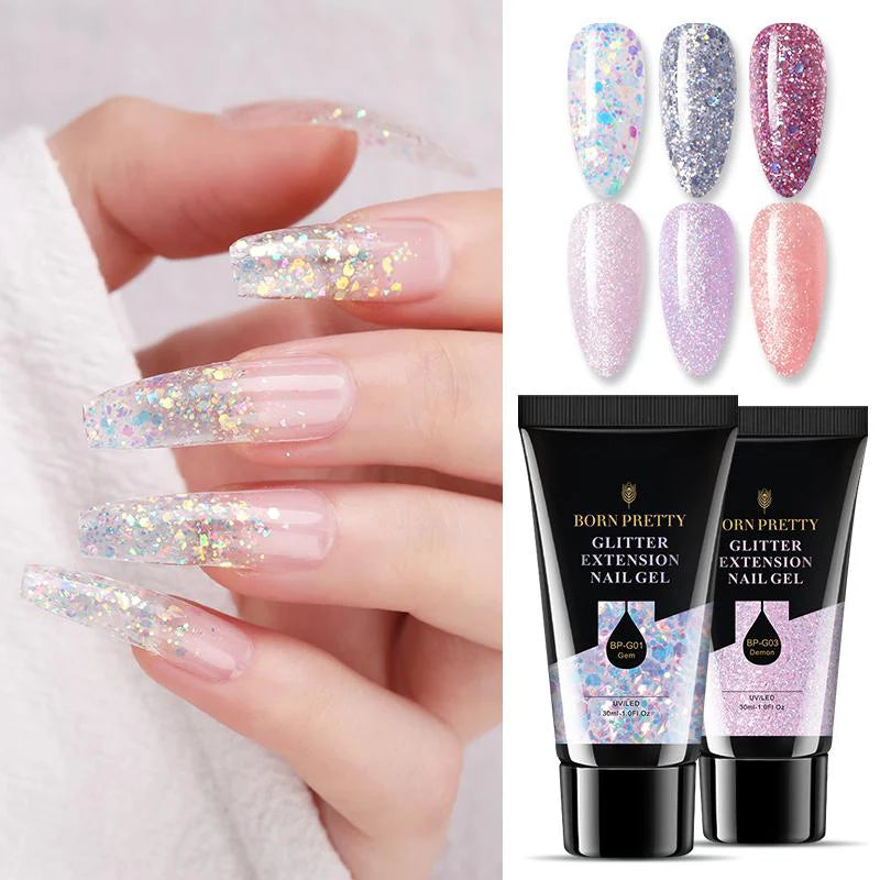 BORN PRETTY 30ml Nail Extension Gel Nail Polish Gitter White Acrylic Nail Glitter Sequins Soak Off UV Extend Gel Nail Extensions