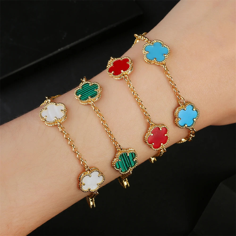 2023 Natural Stone Red Agate White Shell Five Leaf Flower Bracelet Ladies High Quality Adjustable Four Leaf Clover Jewelry Gift