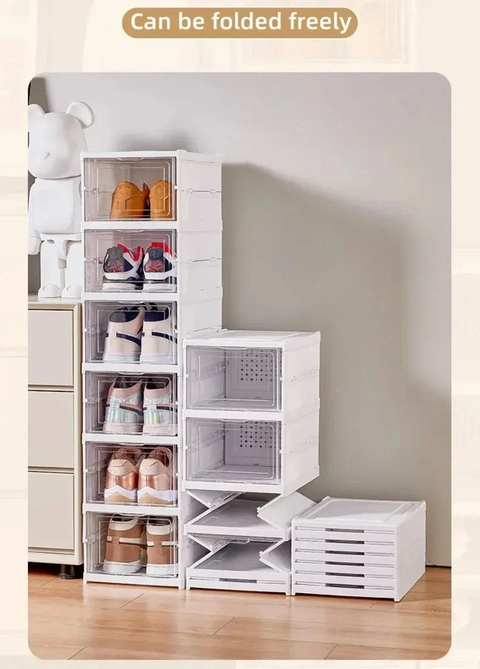 Foldable Shoe Rack Organizer 6 Layers Transparent Tackie Box Collapsible Home Sneaker Storage Stackable Shoes Cabinet For Closet