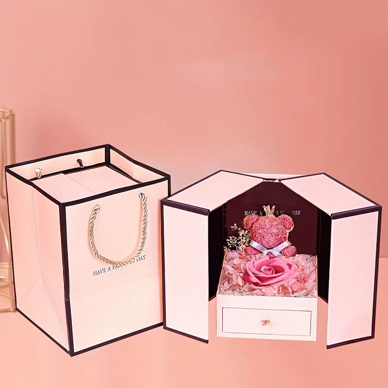 Heart Pendant Necklace With Cute Bear Rose Gift Box