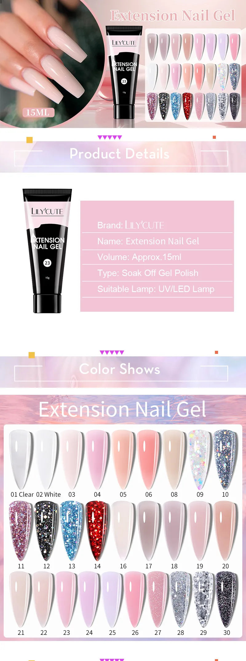 LILYCUTE 15ML Quick Nail Extension Gel Glitter Pink Vernis Semi Permanent UV Gel Nail Polish Nail Art Prolong Construction Gel