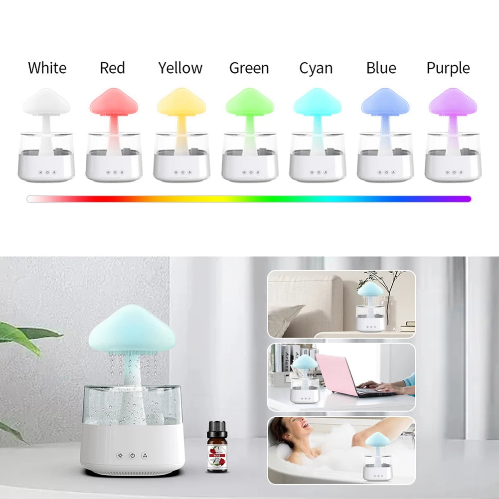 Mushroom Air Humidifier Home Bedroom Aromatherapy Lamp Calming Water Drops Sounds Diffuser Humidifier Rain Cloud Night Light